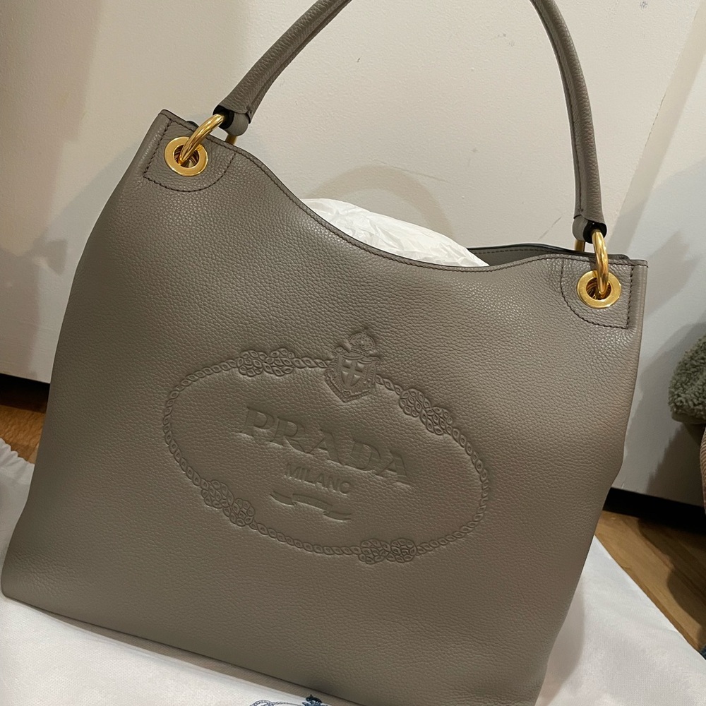 Prada Gray Shoulder Satchel Bag with Gold Hardware